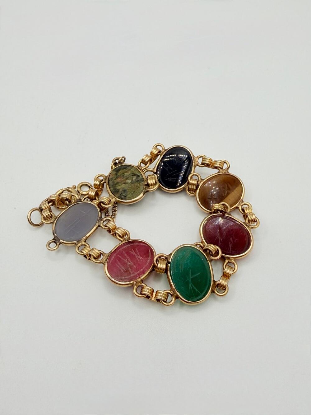 Vintage Burt Cassell 1/20 12K Gold Filled Carved Scarab Bracelet Multi Stone
